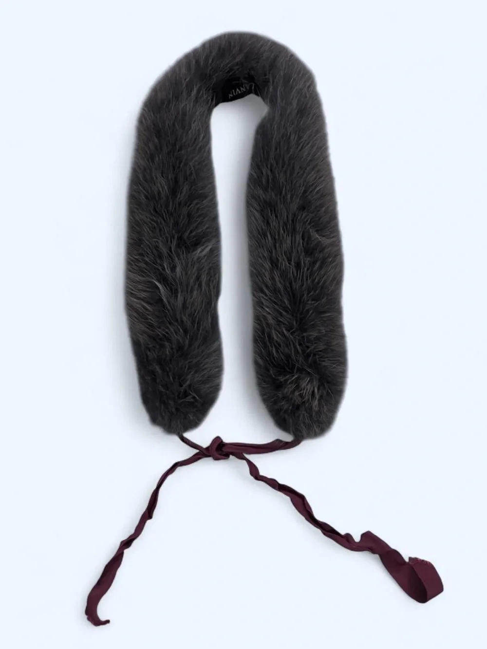 Lanvin Fourrure Finland Blue Fox Fur ribbon tie Stole wrap Scarf Silk Lined